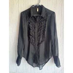 Free People Black Polka Dot Ruffle Bib Sheer Blouse Fringed Cuff Size Small